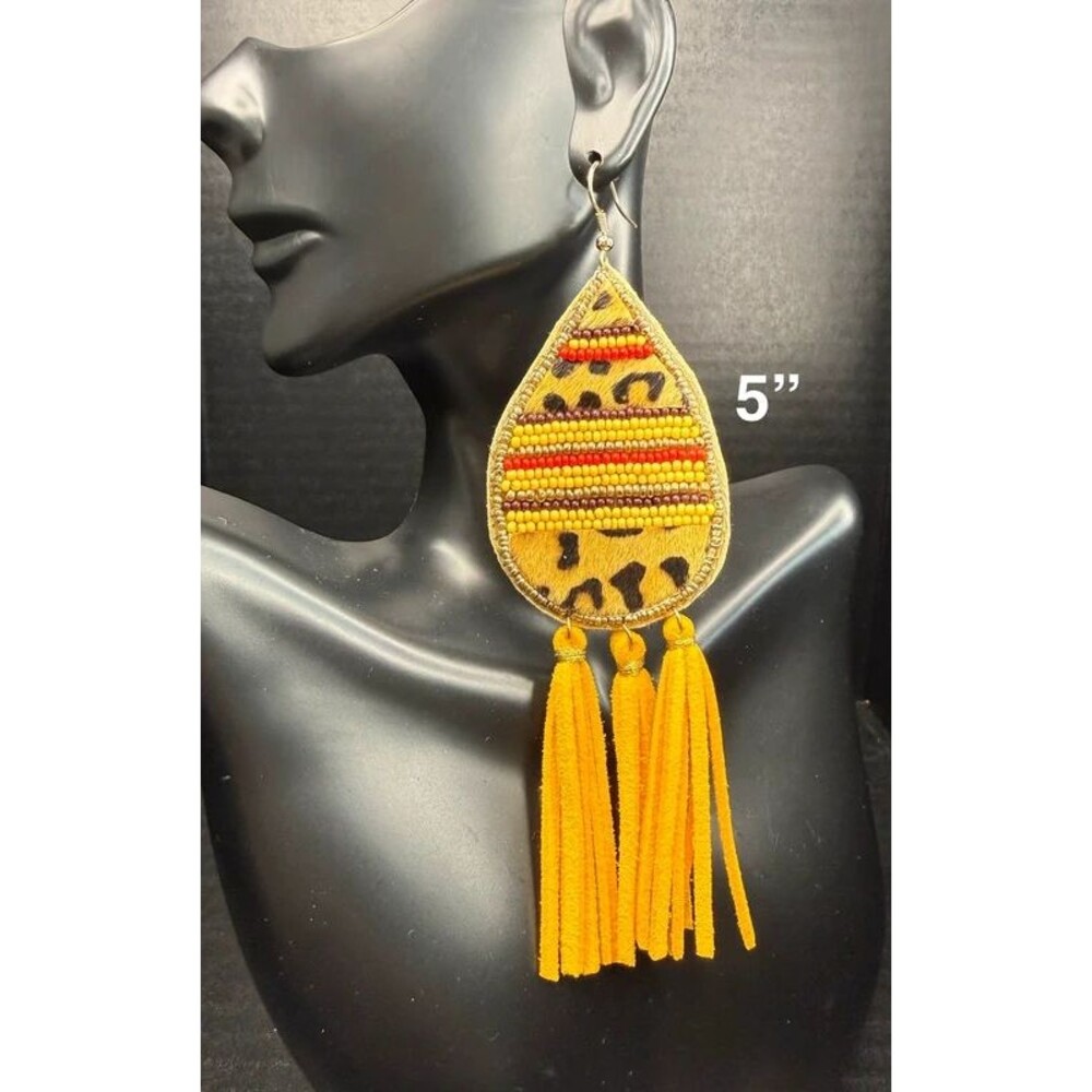 E72. Bohemian Calf Hair Leopard Print Beaded Tassel Statement Earrings